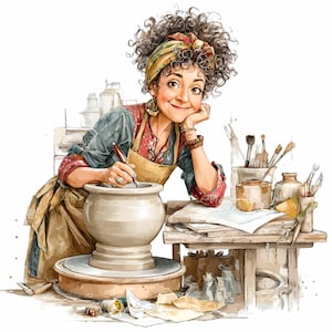 May include: Illustration of a smiling person in a pottery studio, wearing a floral shirt, apron, and headscarf. They are leaning on a table, holding a pen over a ceramic pot on a pottery wheel. Various pottery tools and supplies are visible.