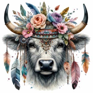 10 imágenes PNG de vacas de las tierras altas con flores: vaca majestuosa con plumas y joyas - Arte digital de vaca elegante