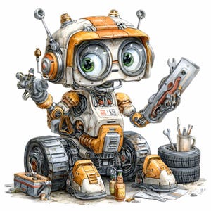 Peut inclure: Illustration fantaisiste d'un robot amical avec de grands yeux verts, portant un casque blanc et orange. Le robot est entouré d'outils, de pneus et de pièces de rechange, suggérant un thème de mécanicien ou de réparation. Le robot tient une clé et un outil.