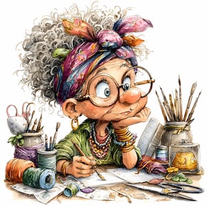 May include: Watercolor illustration of an elderly artist with curly gray hair, wearing glasses and a colorful headscarf. She is seated at a table, surrounded by art supplies like paintbrushes, scissors, and spools of thread, creating art.