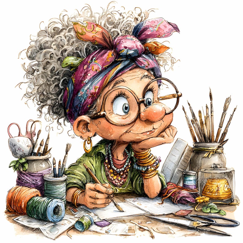 May include: Watercolor illustration of an elderly artist with curly gray hair, wearing glasses and a colorful headscarf. She is seated at a table, surrounded by art supplies like paintbrushes, scissors, and spools of thread, creating art.