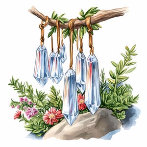 28 imágenes prediseñadas de cristales transparentes JPEG, cuarzo colgante en una rama con hojas y flores, arte de piedras preciosas naturales para imprimir