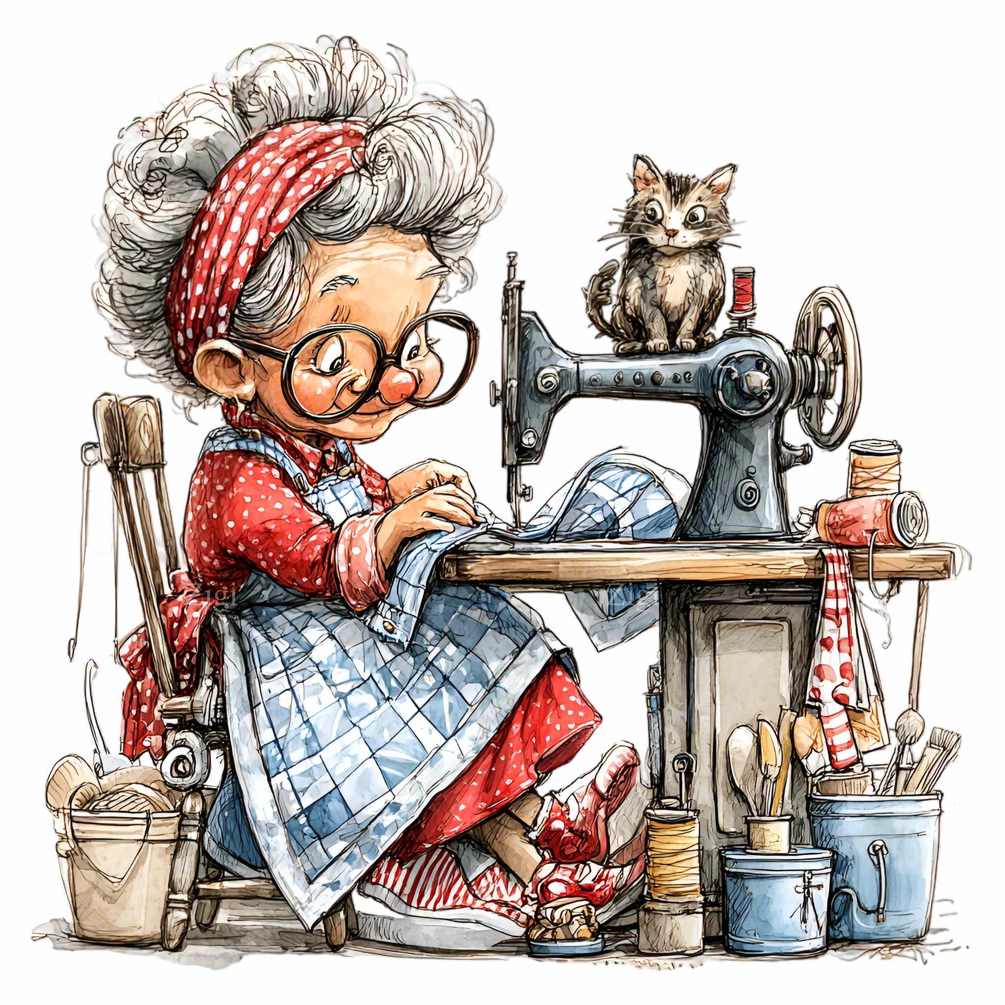 12 PNG Grandma Sewing Clipart, Cat Quilting Machine Craft Design - Etsy