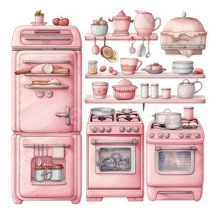 Retro Kitchen Clipart PNG 25 Pink Watercolor Baking Cooking - Etsy