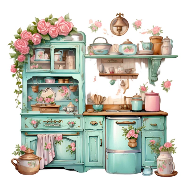 vintage floral kitchen scene clipart set graphic by... 15 PNG Retro Kitchen Pink Roses Cottage Clipart, Floral Stove - Etsy