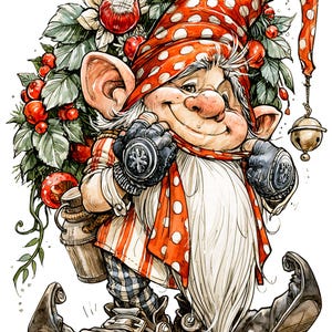 May include: A whimsical gnome illustration featuring a long white beard, a red polka-dot hat with a dangling bell, and dark fingerless gloves. The gnome carries a bundle of green leaves and red berries, wearing striped pants and curled-toe boots.