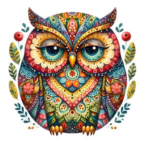 10 cliparts hibou colorés PNG - oiseau décoratif PNG - style art folklorique mandala pour des impressions bohèmes, une décoration intérieure, des cartes et des projets d'artisanat
