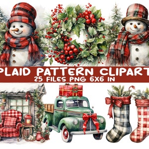 25 graphiques de vacances à carreaux PNG - Ensemble de cliparts de Noël - PNG rustiques pour travaux manuels d'hiver, cartes, chemises, décoration, projets de sublimation