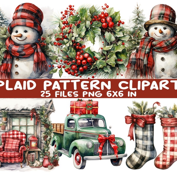 Watercolor Christmas Plaid Pattern Clipart Bundle, 25 PNG Winter Digital Images