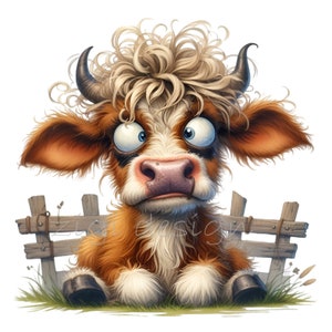15 Clipart PNG de vache Highland, vache duveteuse drôle avec de grands yeux, téléchargement numérique des animaux de la ferme