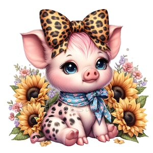 12 PNG Maialino girasole clipart – Illustrazione PNG carina – Arte del fiocco leopardo con maialino per decorazioni per bambini, stampe di fattoria, lavoretti con animali floreali