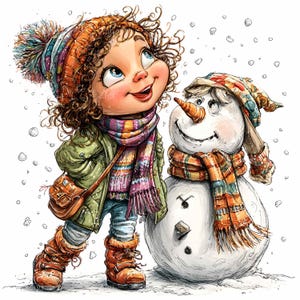 31 JPEG 雪だるまを持つ女の子のクリップアート – かわいい冬の漫画 JPG – ホリデーカード、子供の工芸品、プランナーステッカー、プリント用のお祝いアート