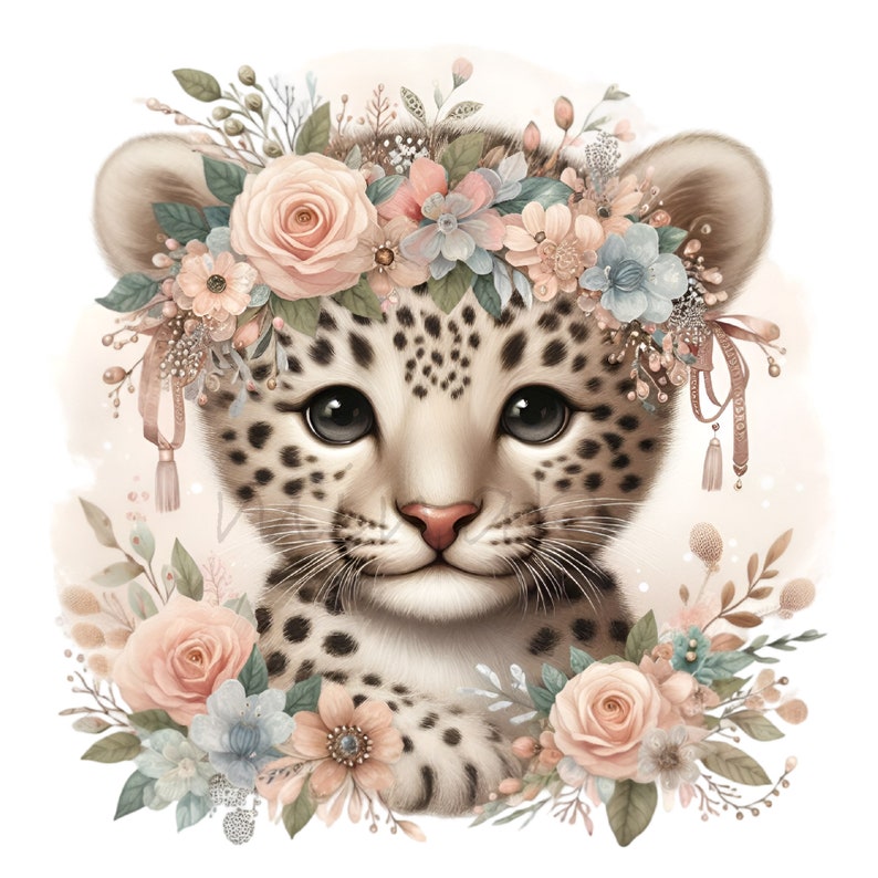 May include: A cute, baby leopard with a crown of pink and blue flowers. The leopard has a soft, white and brown spotted fur pattern. The flowers are arranged in a circle around the leopard's head.