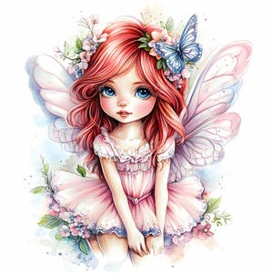 26 JPEG süße rosa Fee Clipart mit blauen Augen, Schmetterling und Blumen, Fantasy Mädchen Flügel Illustration, wunderliche JPG digitaler Download