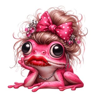 May include: A pink frog with a large, red, pouty mouth, wearing a pink bow with white polka dots in her hair. She is wearing a pearl necklace and has pink eyeshadow.