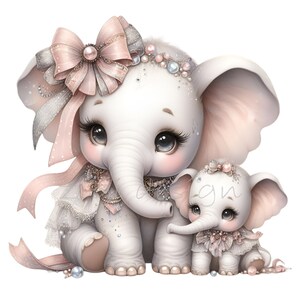 May include: A pair of adorable, cartoon-style elephants, one larger than the other, with pink and white accents. The larger elephant has a pink bow and a pearl necklace, while the smaller elephant has a pink flower in its hair. Both elephants have large, expressive eyes.