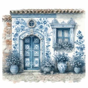 12 Maison en toile PNG - clipart vintage de cottage floral bleu et blanc avec porte et pots ornés - Décoration méditerranéenne pour des impressions ou des travaux manuels