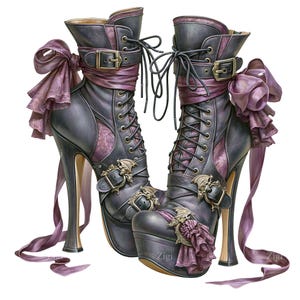 Puede incluir: Un par de botas de tacón alto negras y moradas con cordones, hebillas y adornos con forma de murciélago. Las botas tienen suelas de plataforma, tacones dorados y están adornadas con cintas y lazos morados. Diseño de fantasía.