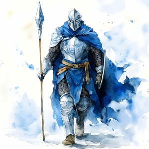 41 JPEG Medieval Knight Warrior Clipart JPEG – Cruzado de armadura azul com lança e capa, ilustração de arte de herói de batalha de fantasia