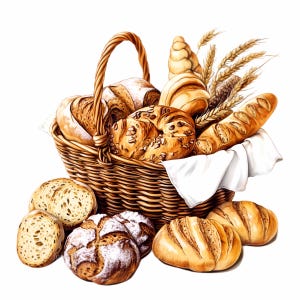 Op de afbeelding: Een rieten mand vol met een verscheidenheid aan vers gebakken brood, waaronder broden, broodjes en een gevlochten brood. De mand is omgeven door een witte doek en tarwehalmen.