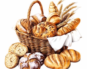 Könnte beinhalten: Ein Weidenkorb, der überquillt mit einer Auswahl an frisch gebackenem Brot, darunter Brote, Brötchen und ein geflochtenes Brot. Der Korb ist von einem weißen Tuch und Weizenähren umgeben.