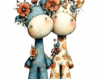 16 PNG Whimsical Giraffe Couple Clipart, Floral Animal Illustration Storybook Nursery Art