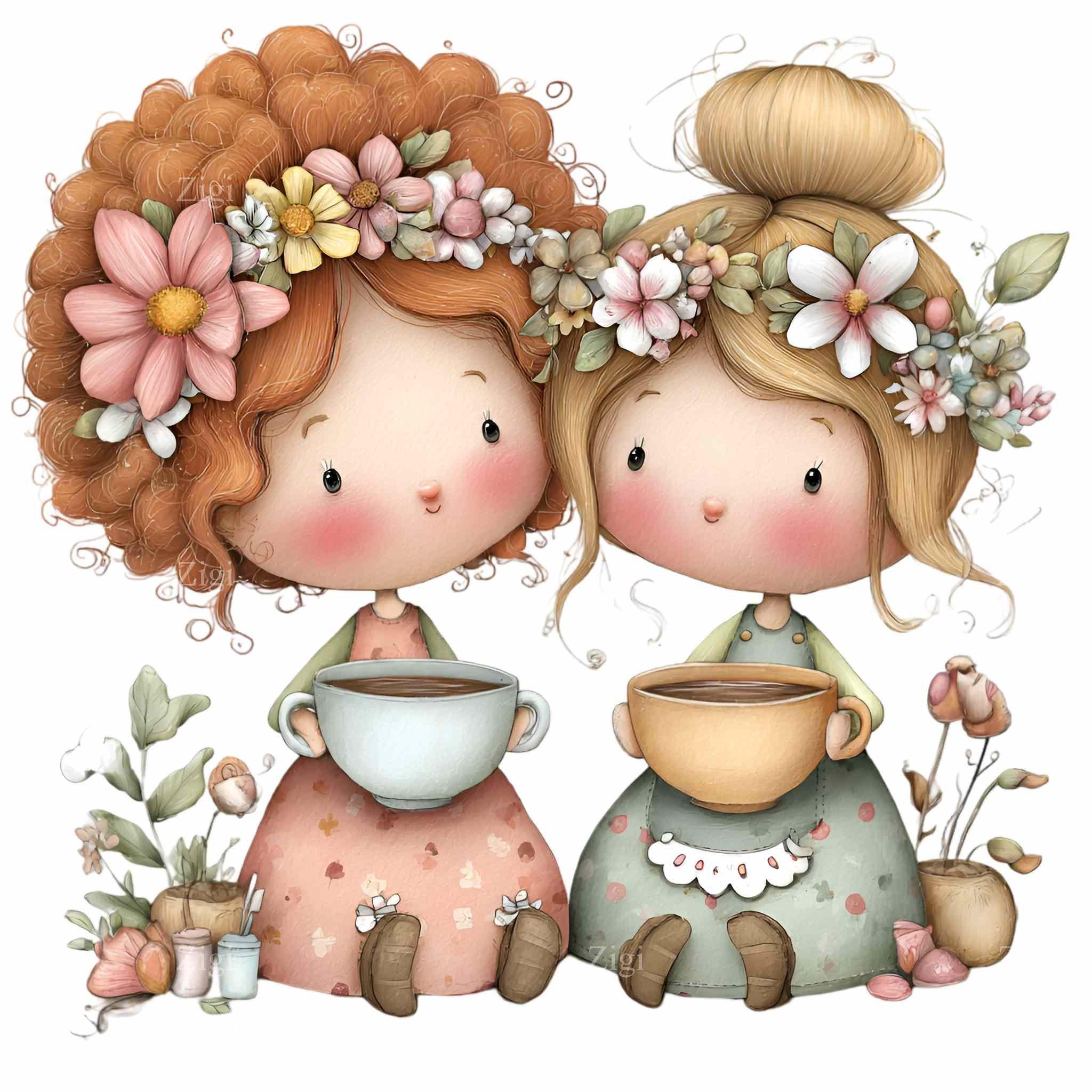 15 PNG Tea Girl Clipart – Spring PNG With Floral Crowns & Mugs for ...