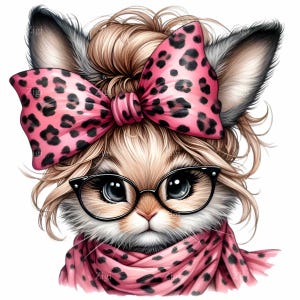 Süßer Hase mit Brille und Leopard Print Schleife PNG Clipart | 12 Entzückende Kaninchen im Schal | Digitale Tier Illustration