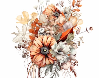 May include: A watercolor painting of a bouquet of flowers in shades of orange, brown, and white. The flowers are arranged in a loose, natural style and include daisies, anemones, and other wildflowers.