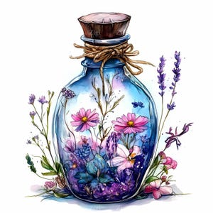 32 imágenes prediseñadas de botella de poción floral JPEG, flores silvestres y cristales en frasco de vidrio azul con corcho, arte imprimible de magia botánica