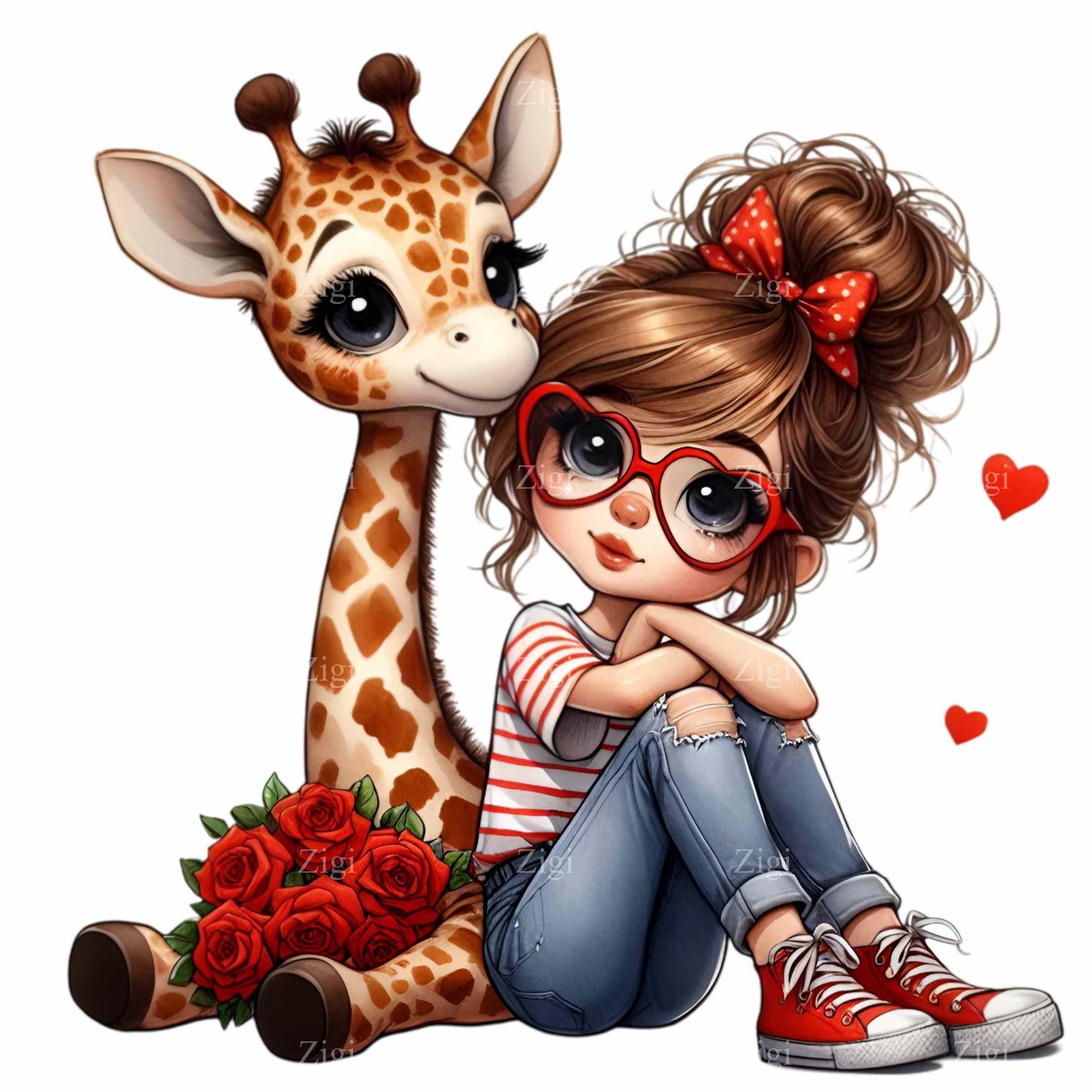 10 Cute Girl and Giraffe PNG Clipart, Adorable Friendship Illustration, Red Glasses and Roses Digital Art