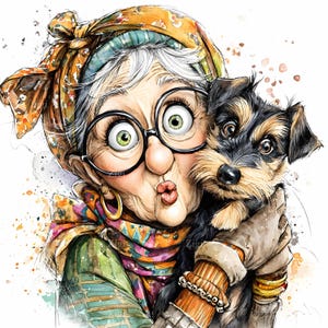 25 JPEG Whimsical Grandma with Dog – Cute JPG Clipart – Cartoon Illustration for Pet Lover Cards, Wall Art, Printables, Scrapbooking