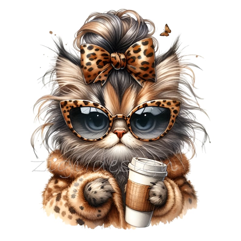 Puede incluir: Una ilustraci&oacute;n de dibujos animados de un gato con un abrigo de estampado de leopardo, gafas de sol y un lazo de estampado de leopardo. El gato sostiene una taza de caf&eacute;.