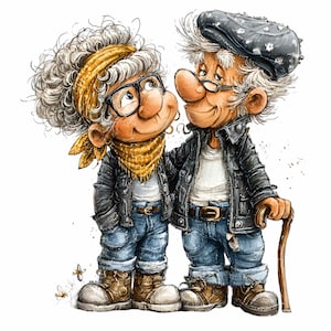 May include: A whimsical illustration of an elderly couple dressed in biker attire. They wear black leather jackets, blue jeans, and boots. The woman has a yellow bandana and glasses, while the man has a cap and a cane. The image has a cartoonish style.