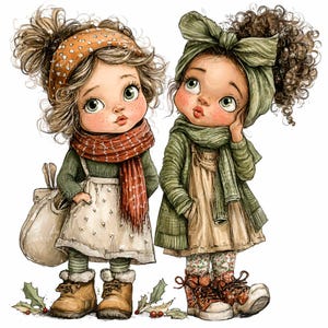 14 PNG Winter girls – Cute Christmas friends PNG clipart – Festive holiday outfit illustration for seasonal cards, crafts and decor