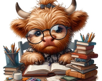Lese-ClipArt, Highland Cow PNG, 15 Kuh ClipArt, Bibliotheksbücher, druckbar, Lehrer-Kinder-Schulshirt, Sublimationsbecher, Tumbler, Planer