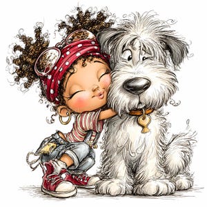 15 JPEG Hugging girl and dog clipart – Cute cartoon JPG – Fun pet lover art for kids crafts, greeting cards, planner pages, wall prints