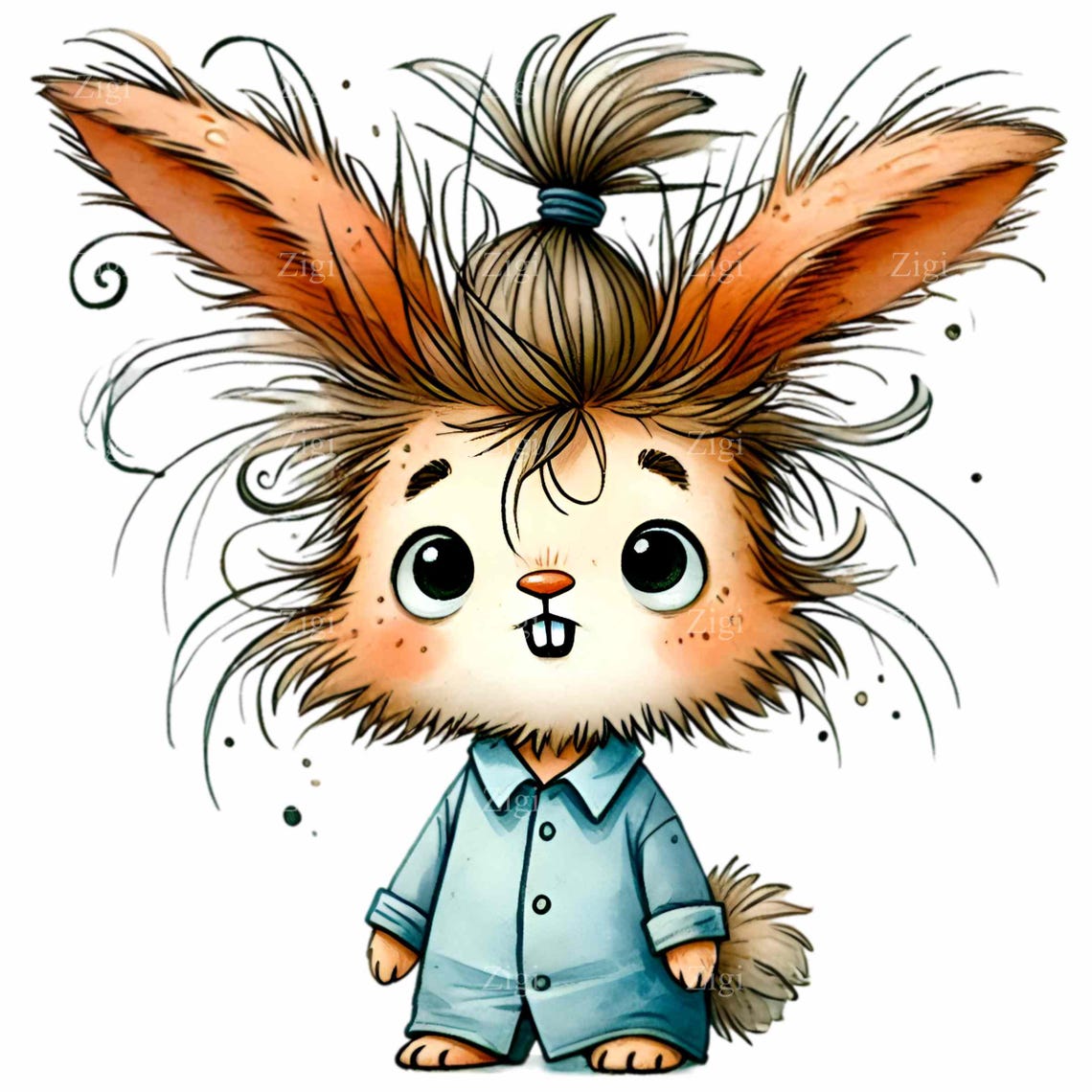 12 PNG Funny Bunny Pajama Clipart, Messy Hair Rabbit, Blue Striped ...