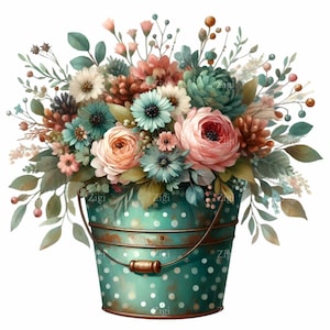 12 Teal Bucket Flowers PNG Clipart – Rustykalne Groszkowe Wiadro z Pastelowymi Ranunculus, Stokrotkami i Liśćmi – Wiosenna Sztuka Kwiatowa