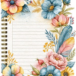 May include: A spiral-bound notebook page with horizontal lines, decorated with watercolor illustrations of blue, yellow, and pink flowers, green leaves, and feathers. The floral arrangement frames the top and bottom corners of the paper.