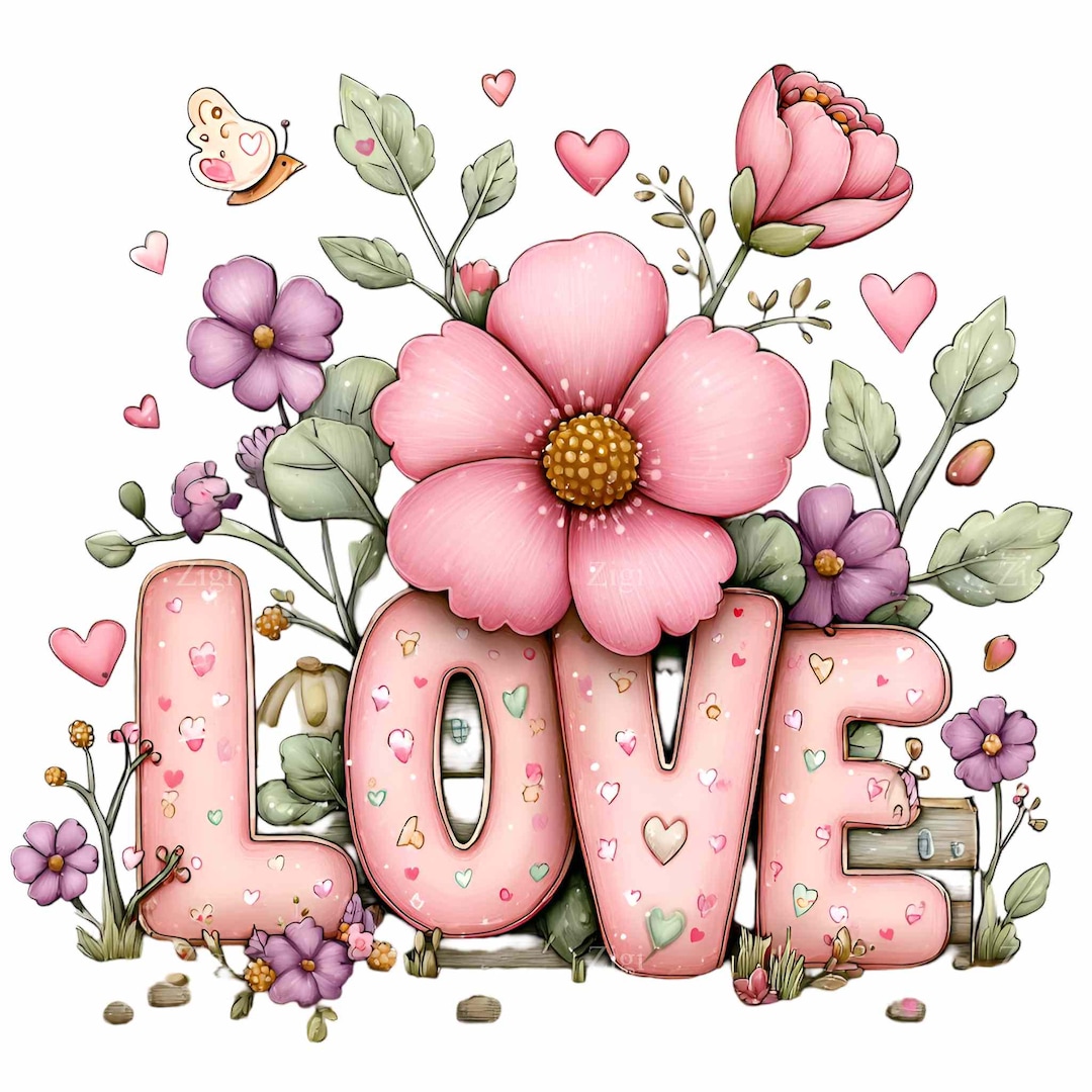 12 PNG Floral LOVE Clipart – Romantic Flower Letters PNG for Valentine ...