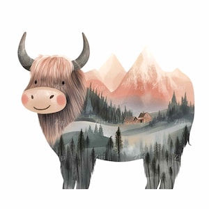 15 PNG Highland cow clipart - double exposure mountain cow PNG for farmhouse wall art, rustic crafts, country decor and sublimation designs