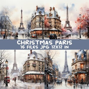 16枚のJPEGパリクリスマスクリップアート - 冬のエッフェル塔JPGセット - 季節の装飾、カード、旅行のプリントに最適な16のお祝いの休日の都市シーン