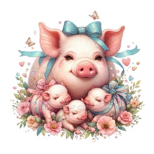 10 adorables imágenes prediseñadas de la familia de cerdos PNG - Mamá cerdita con lechones y moños Arte digital - Linda ilustración de animales de granja Descargar