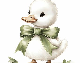 36 JPEG Cute Baby Duck Clipart JPG – White Duckling with Green Bow – Adorable Animal Illustration for Kids Decor & Crafts