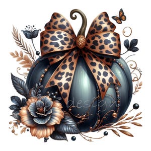 15 ヒョウ柄カボチャ PNG、ダークカボチャクリップアート、秋の花柄リボン秋ハロウィンデジタルダウンロード