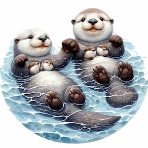 10 nutrias PNG Clipart / Nutrias marinas con crías flotando / Linda ilustración de vida salvaje para manualidades y decoración de guardería