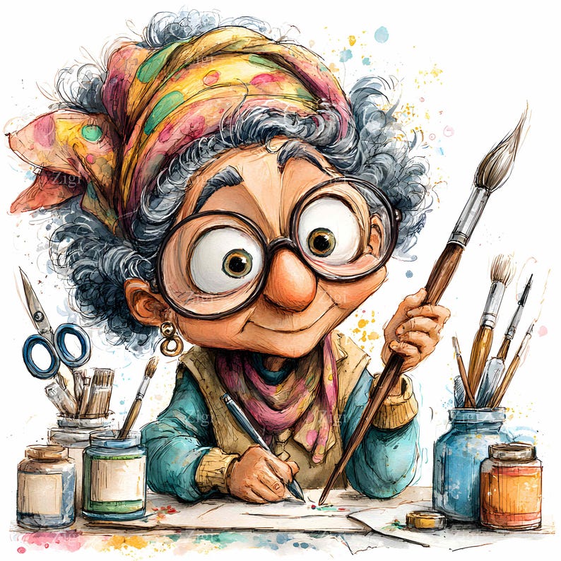 May include: Watercolor illustration of an elderly artist with glasses and a colorful headscarf, holding a paintbrush and pen. The artist is surrounded by art supplies, including paint jars, brushes, and scissors. The style is whimsical and colorful.