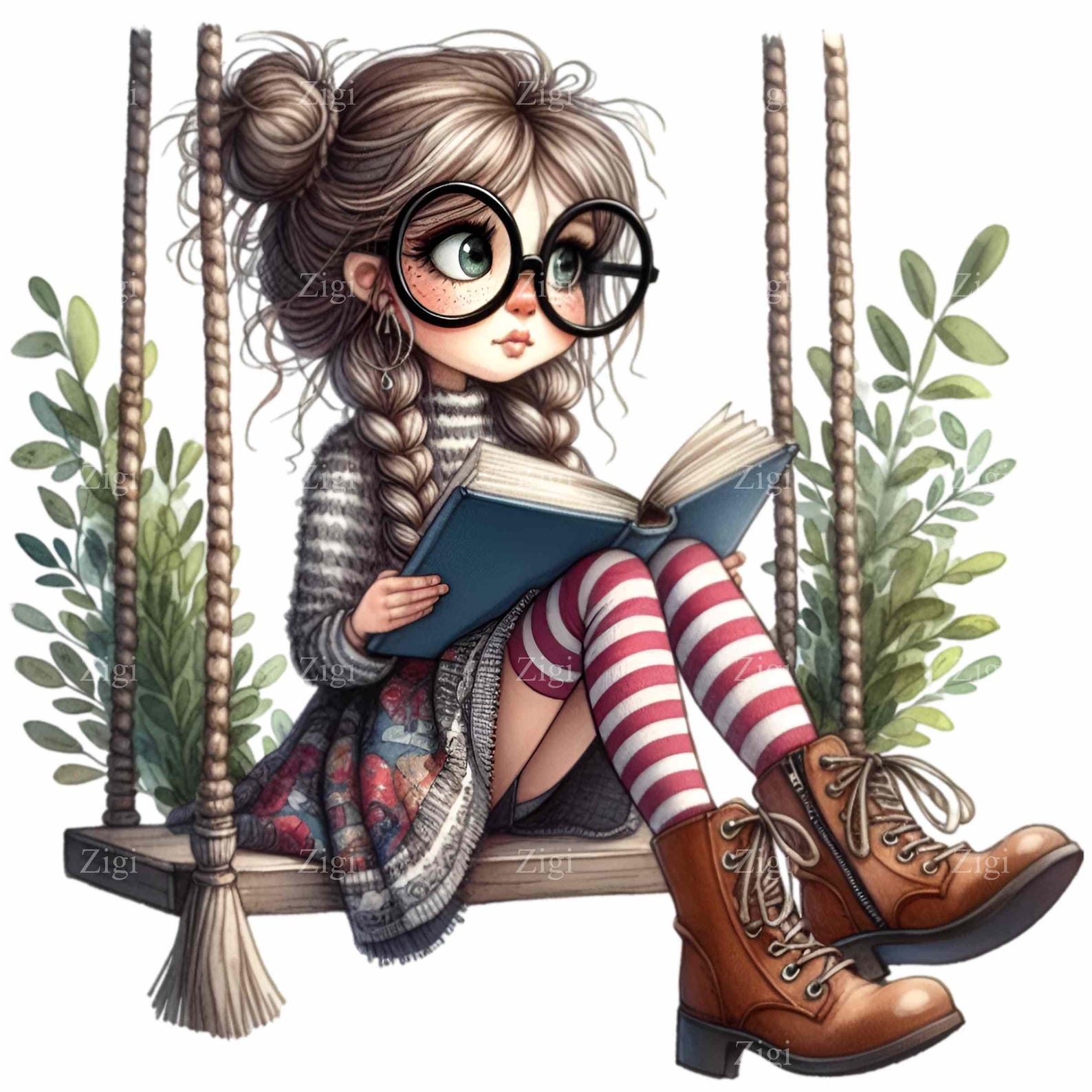 12 PNG Reading Girl Bookworm on Swing, Back to School Clipart - Etsy