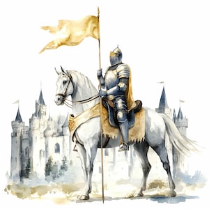 May include: A watercolor painting of a knight in silver armor riding a white horse. The knight is holding a spear and a yellow flag. The knight is riding towards a stone castle in the background.
